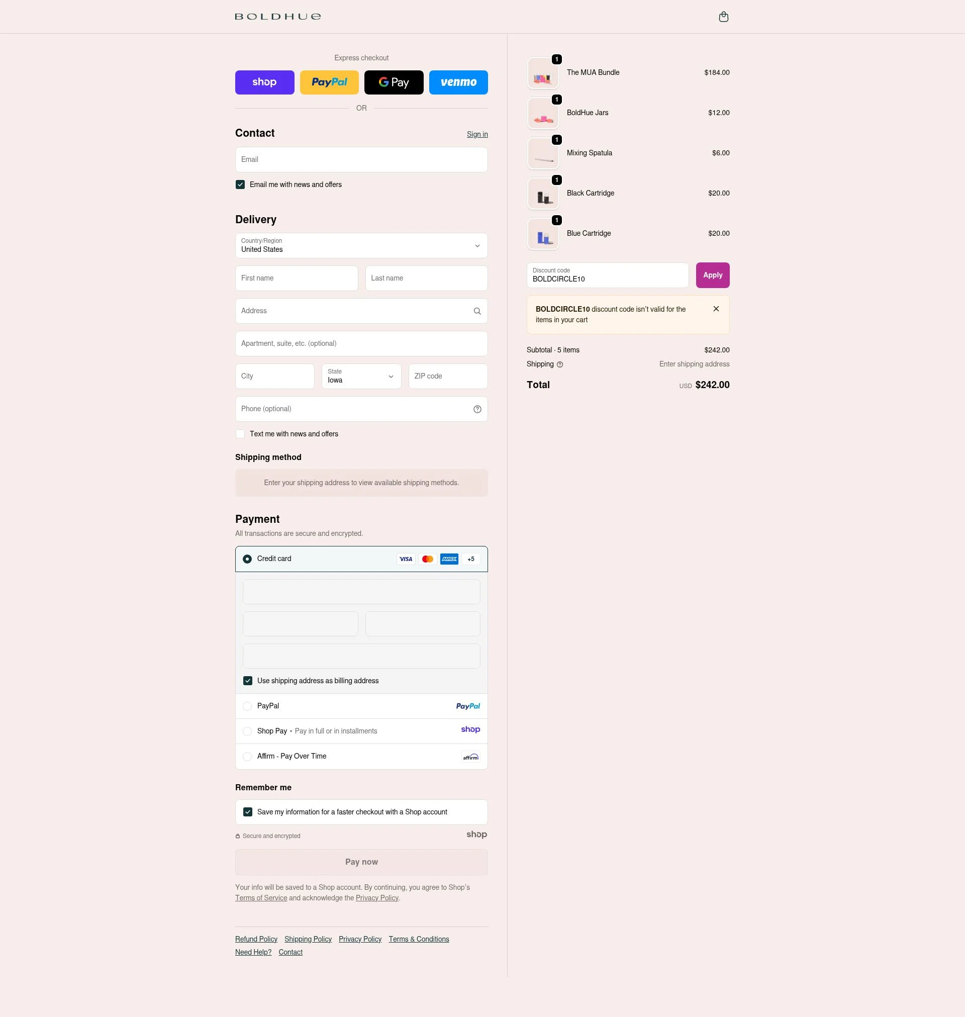 BoldHue checkout page showing BoldHue promo code box | Screenshot taken by SimplyCodes community member on Nov 19, 2025