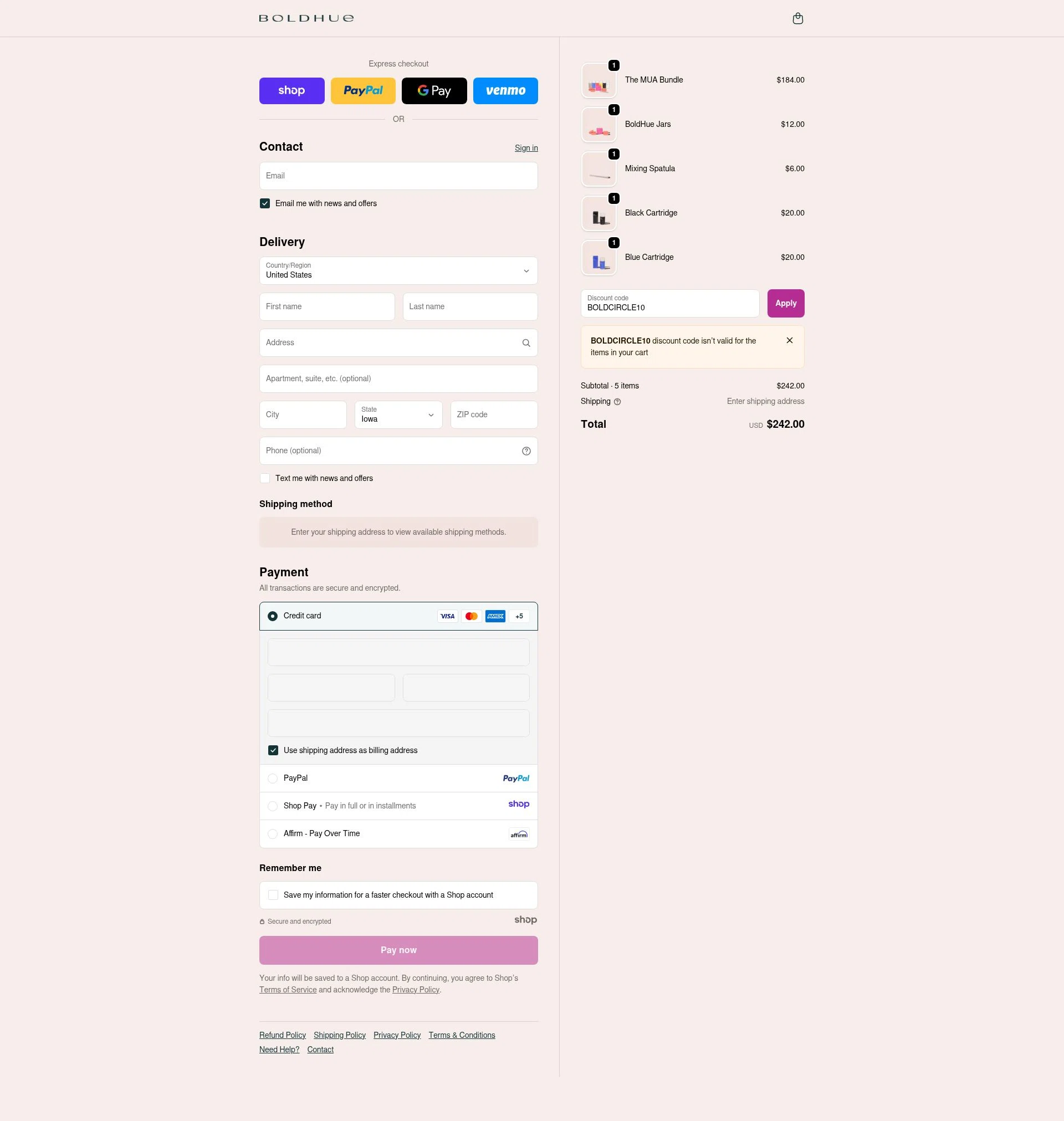 BoldHue checkout page showing BoldHue promo code box | Screenshot taken by SimplyCodes community member on Nov 24, 2025