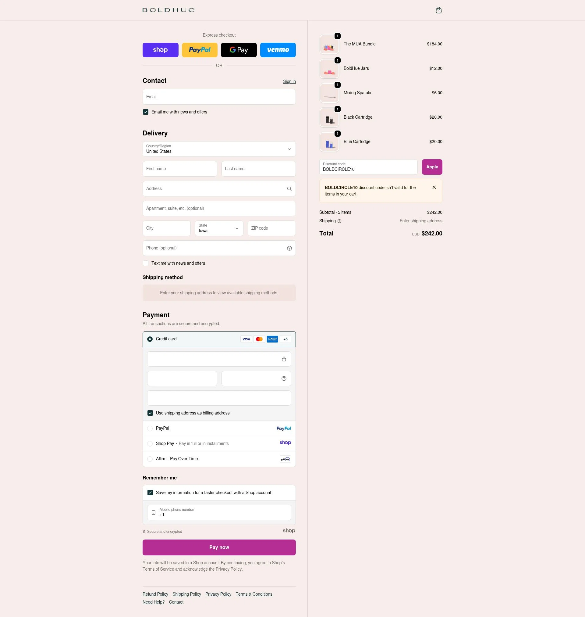 BoldHue checkout page showing BoldHue promo code box | Screenshot taken by SimplyCodes community member on Nov 2, 2025