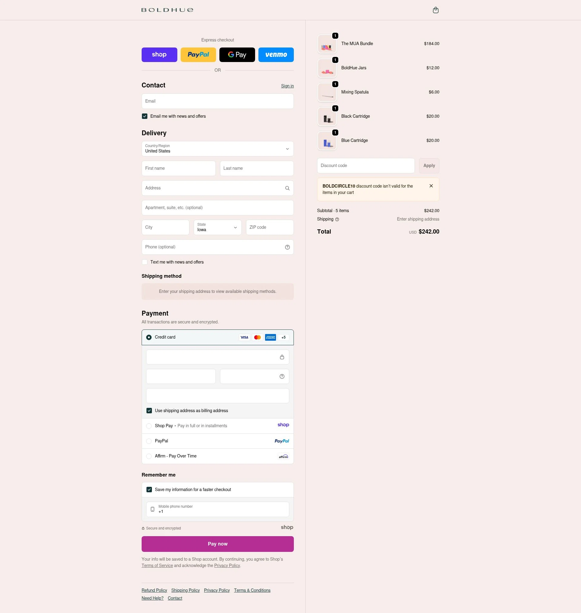 BoldHue checkout page showing BoldHue promo code box | Screenshot taken by SimplyCodes community member on Dec 28, 2025