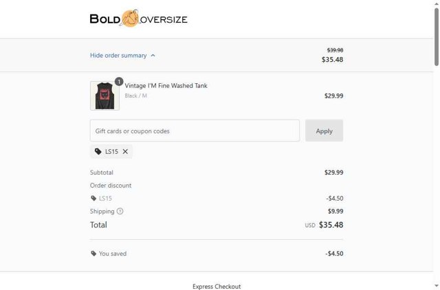 BOLDOVERSIZE checkout page showing BOLDOVERSIZE promo code box | Screenshot taken by SimplyCodes community member on Aug 22, 2025
