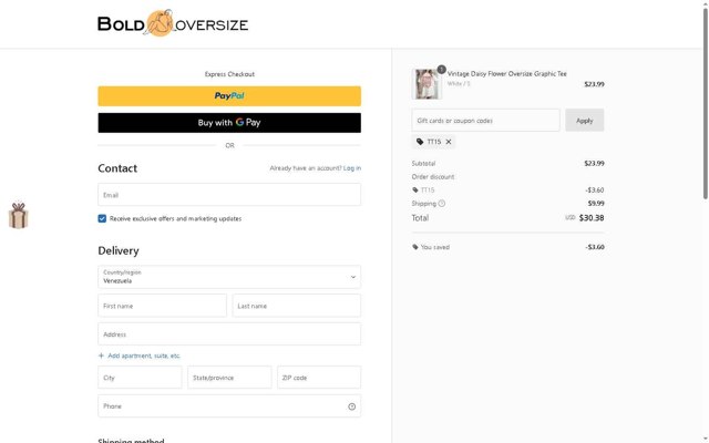 BOLDOVERSIZE checkout page showing BOLDOVERSIZE promo code box | Screenshot taken by SimplyCodes community member on Aug 22, 2025
