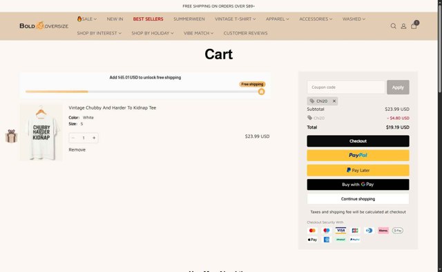 BOLDOVERSIZE checkout page showing BOLDOVERSIZE promo code box | Screenshot taken by SimplyCodes community member on Aug 13, 2025