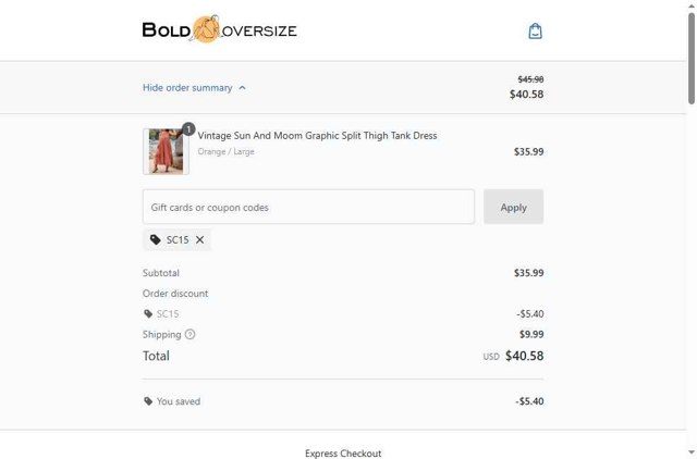 BOLDOVERSIZE checkout page showing BOLDOVERSIZE promo code box | Screenshot taken by SimplyCodes community member on Aug 22, 2025