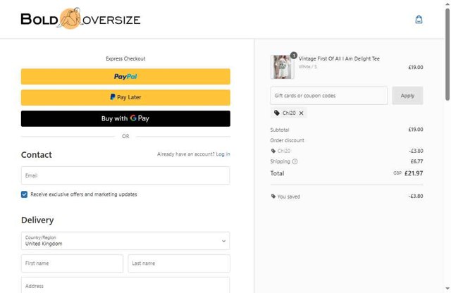 BOLDOVERSIZE checkout page showing BOLDOVERSIZE promo code box | Screenshot taken by SimplyCodes community member on Aug 3, 2025