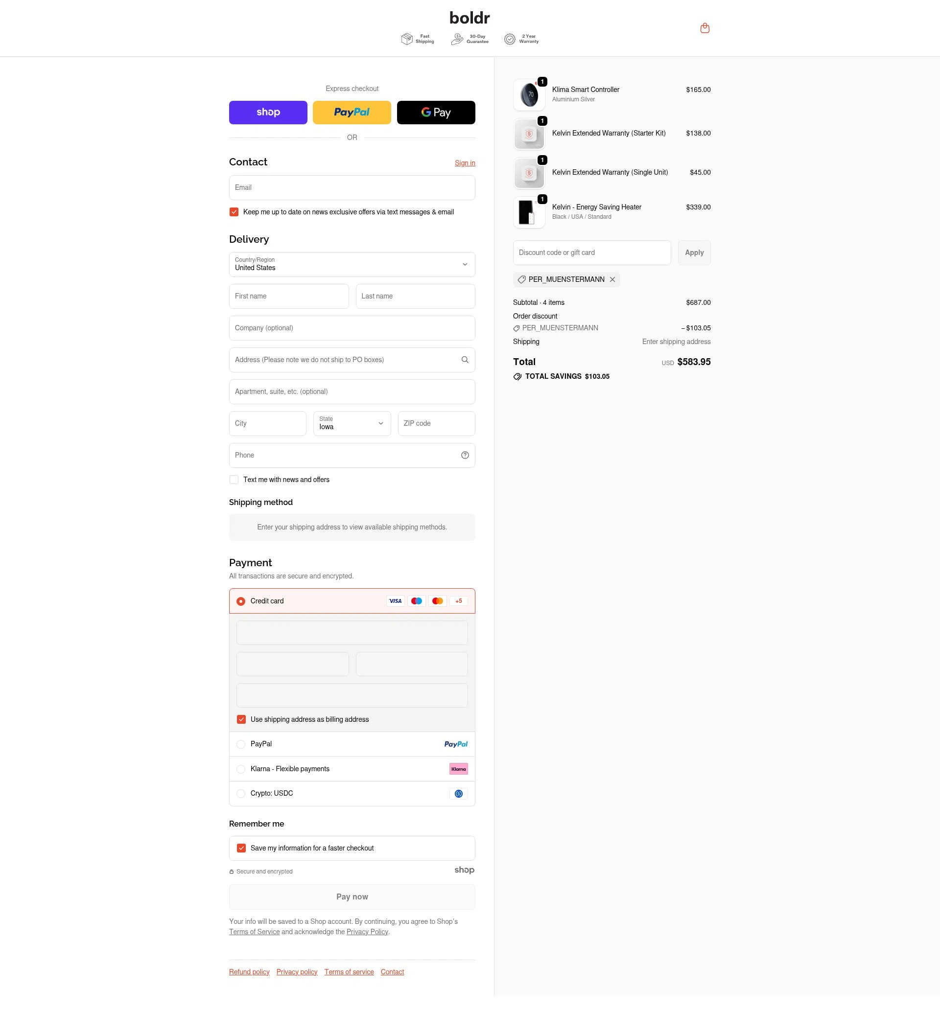 BOLDR Home checkout page showing BOLDR Home promo code box | Screenshot taken by SimplyCodes community member on Dec 25, 2025