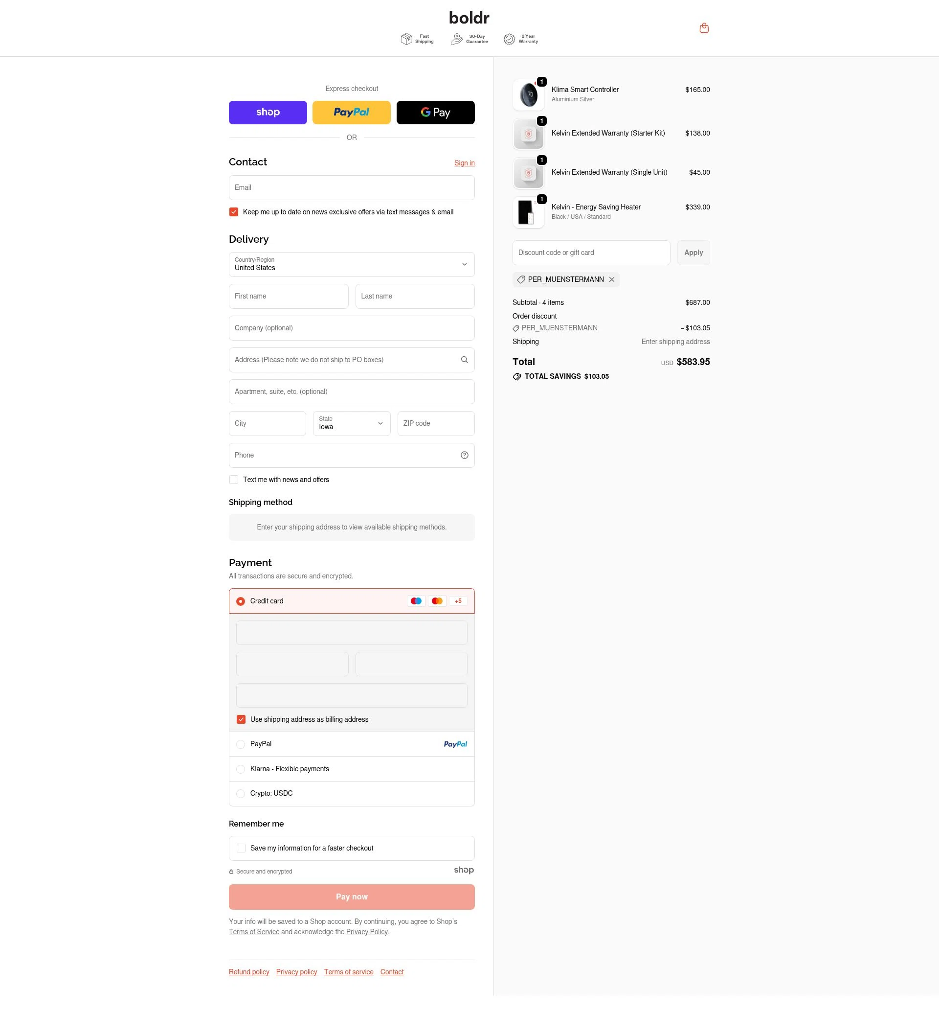 BOLDR Home checkout page showing BOLDR Home promo code box | Screenshot taken by SimplyCodes community member on Dec 30, 2025