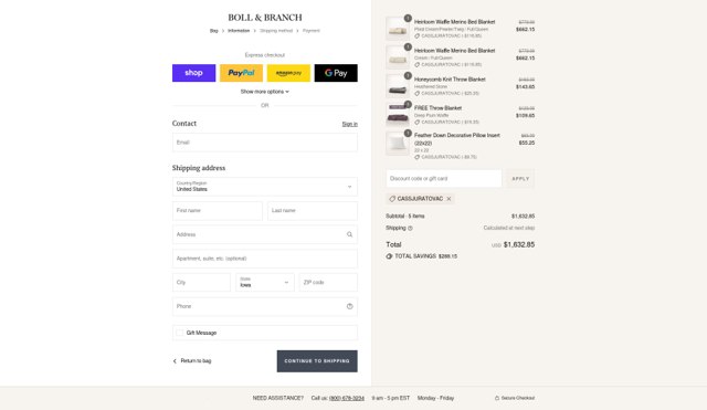 Boll & Branch checkout page showing Boll & Branch discount code box | Screenshot taken by SimplyCodes community member on Sep 1, 2025