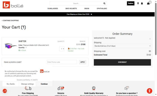 Bolle checkout page showing Bolle promo code box | Screenshot taken by SimplyCodes community member on Aug 20, 2025
