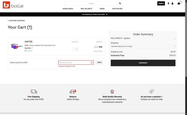 Bolle checkout page showing Bolle promo code box | Screenshot taken by SimplyCodes community member on Jul 22, 2025