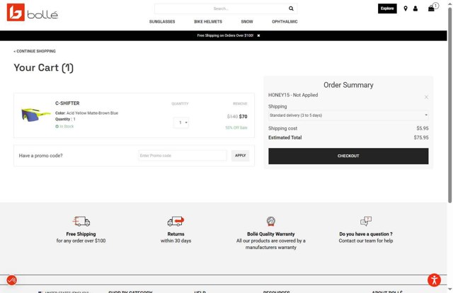 Bolle checkout page showing Bolle promo code box | Screenshot taken by SimplyCodes community member on Aug 14, 2025