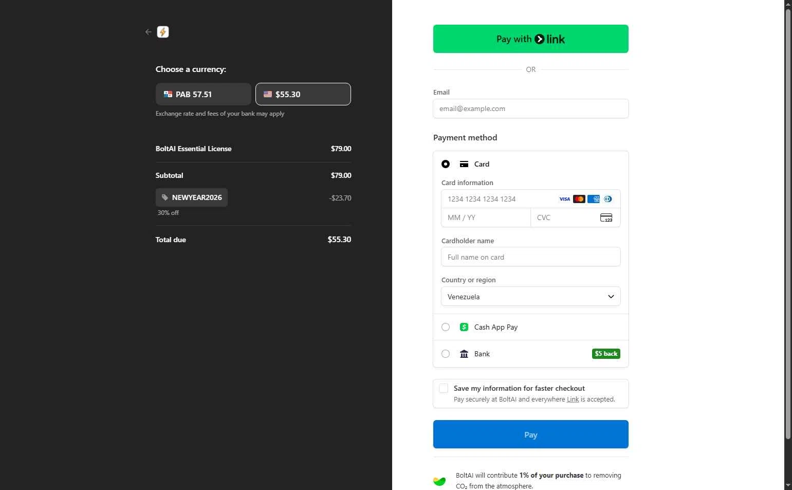 BoltAI checkout page showing BoltAI discount code box | Screenshot taken by SimplyCodes community member on Jan 3, 2026