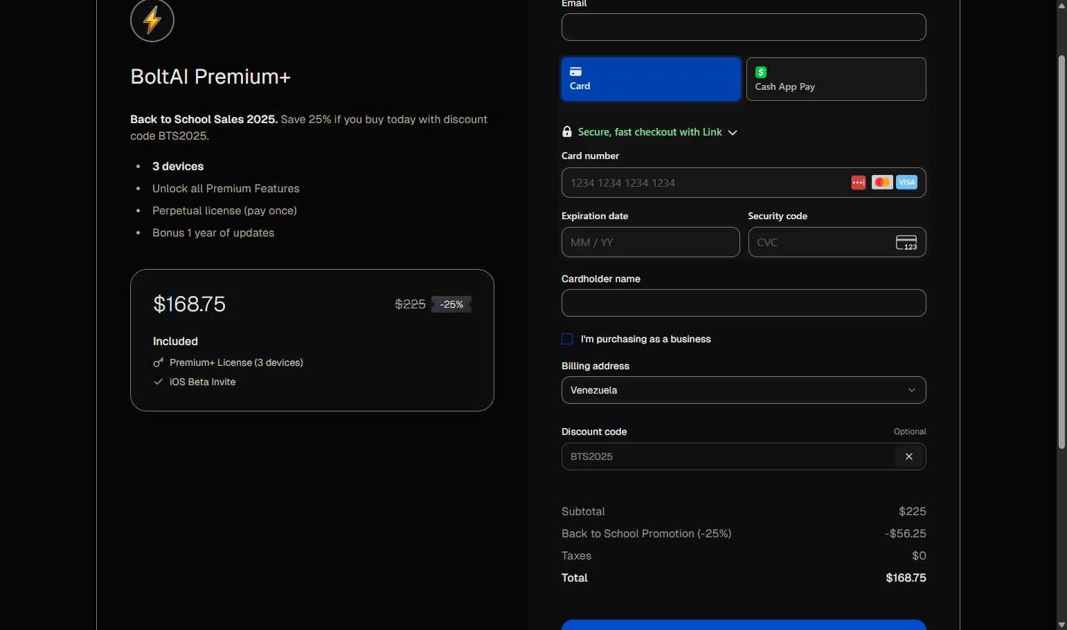 BoltAI checkout page showing BoltAI discount code box | Screenshot taken by SimplyCodes community member on Nov 4, 2025