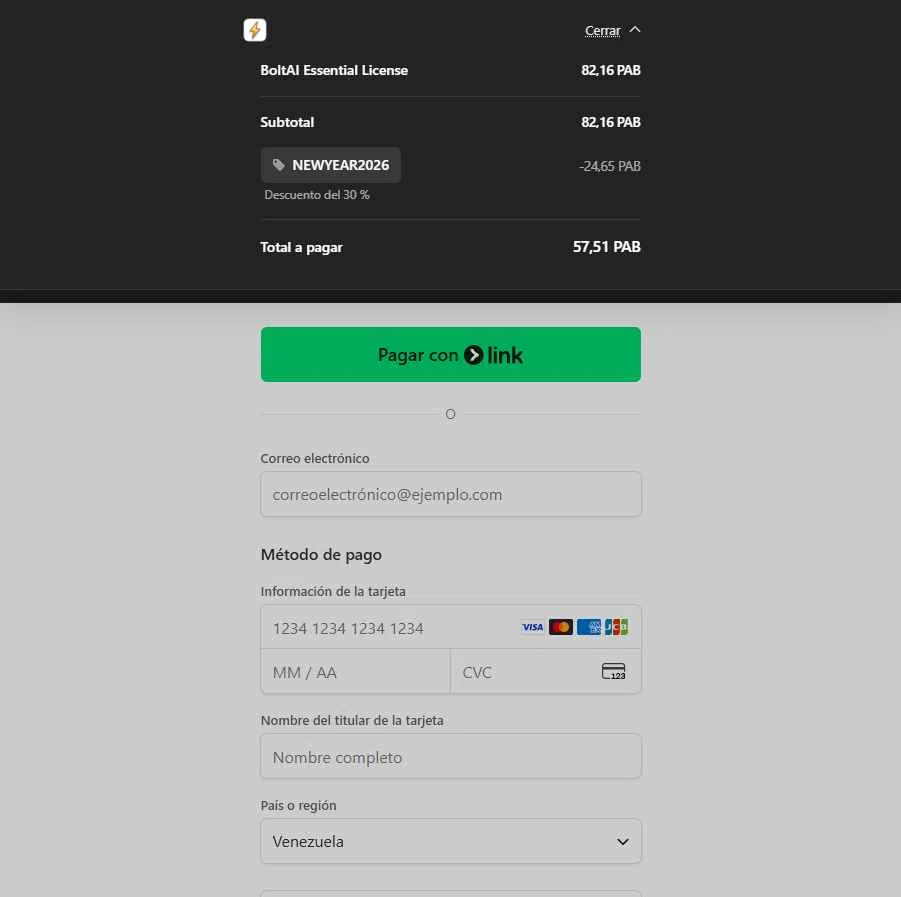 BoltAI checkout page showing BoltAI discount code box | Screenshot taken by SimplyCodes community member on Jan 8, 2026