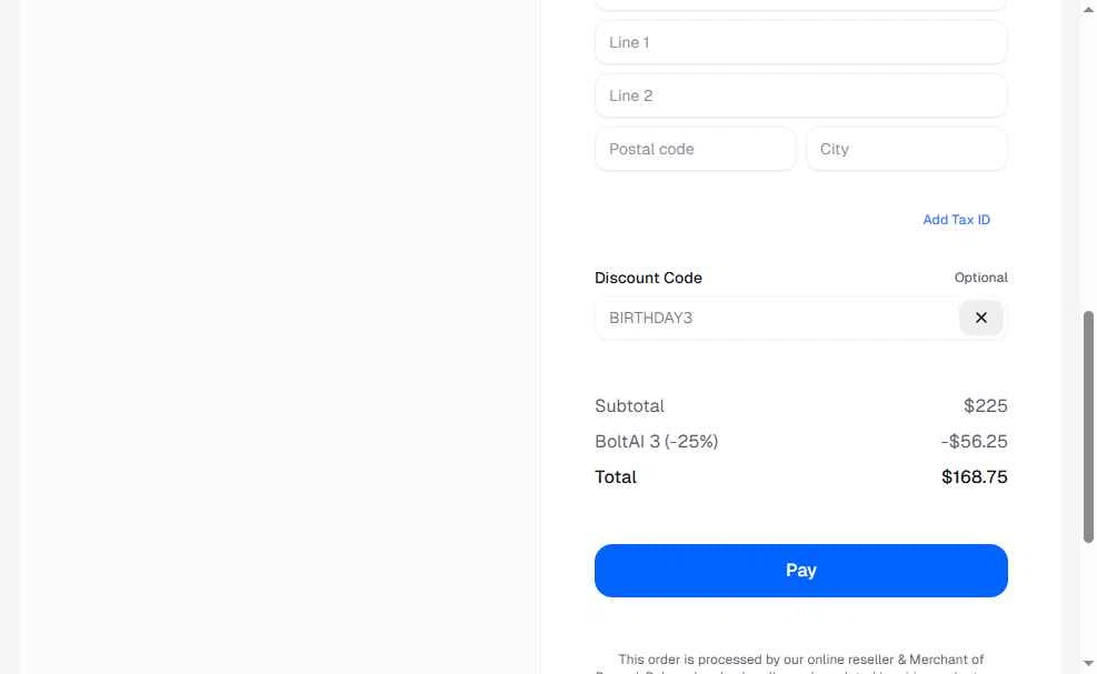BoltAI checkout page showing BoltAI discount code box | Screenshot taken by SimplyCodes community member on May 7, 2025
