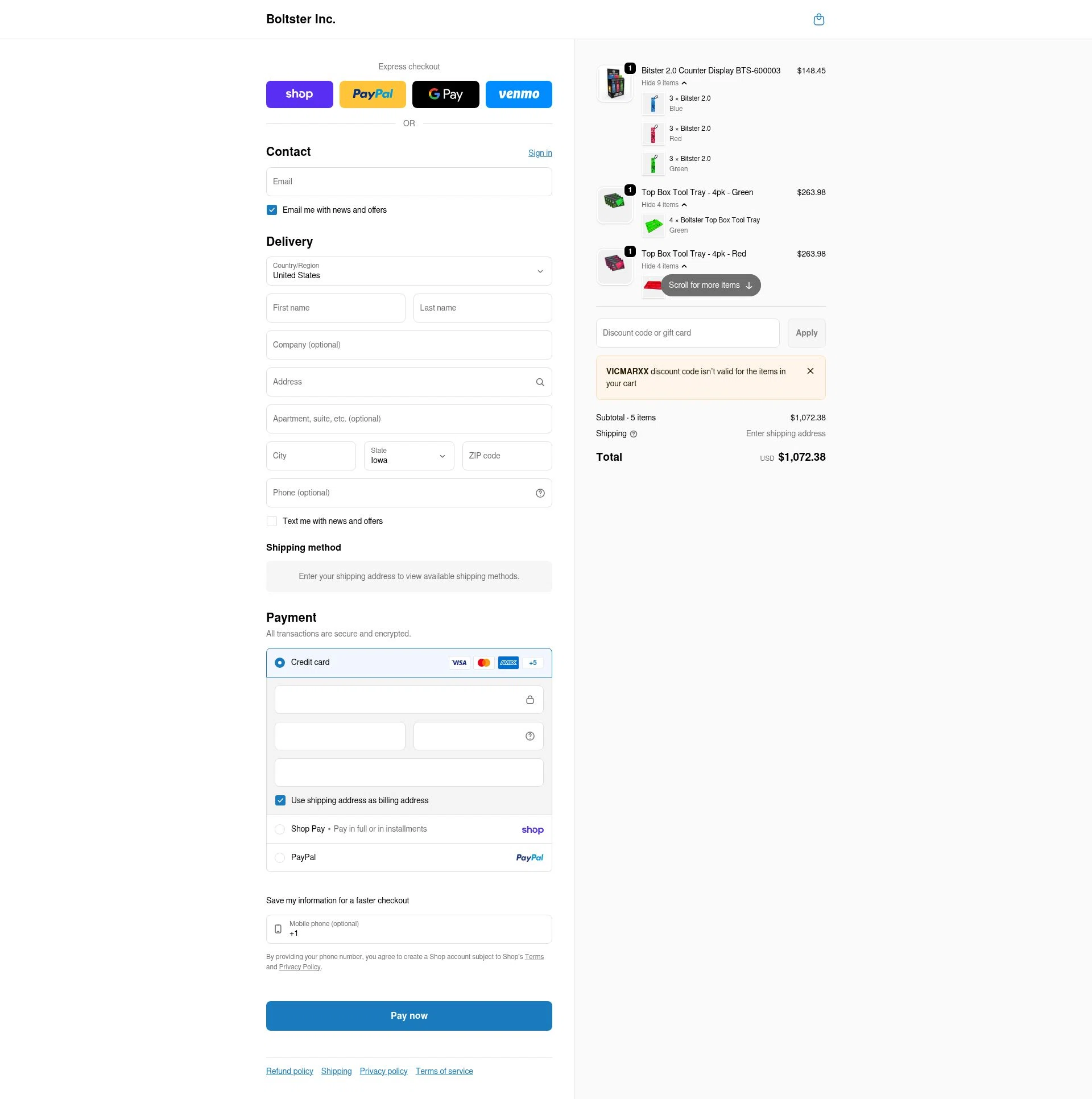 Boltster checkout page showing Boltster promo code box | Screenshot taken by SimplyCodes community member on Feb 19, 2026