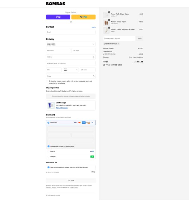 Bombas checkout page showing Bombas discount code box | Screenshot taken by SimplyCodes community member on Aug 29, 2025