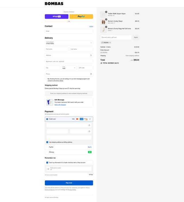 Bombas checkout page showing Bombas discount code box | Screenshot taken by SimplyCodes community member on Aug 26, 2025