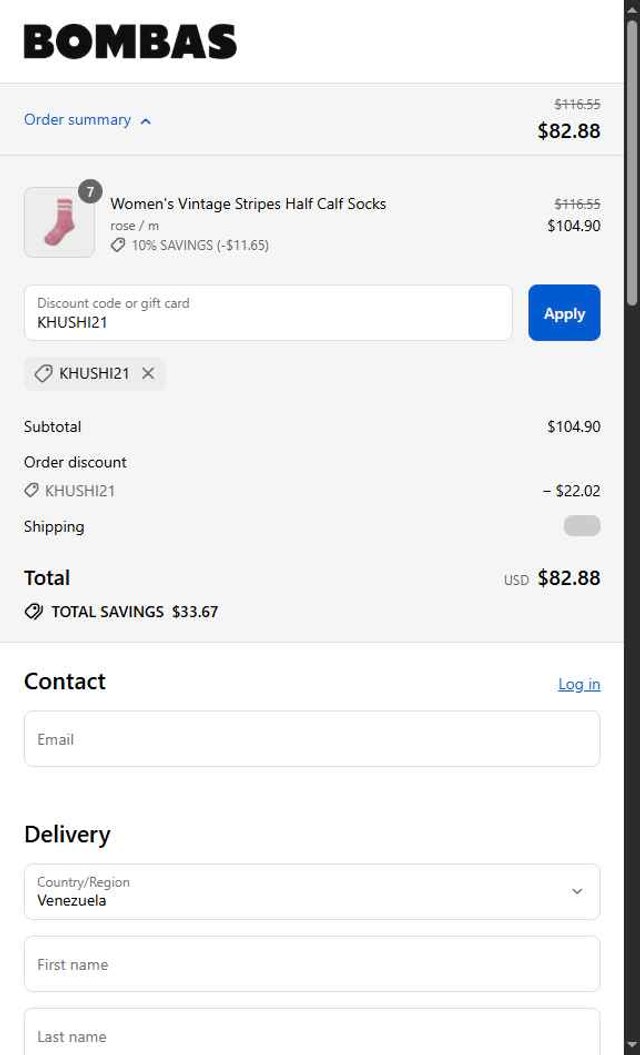 Bombas checkout page showing Bombas discount code box | Screenshot taken by SimplyCodes community member on Aug 27, 2025