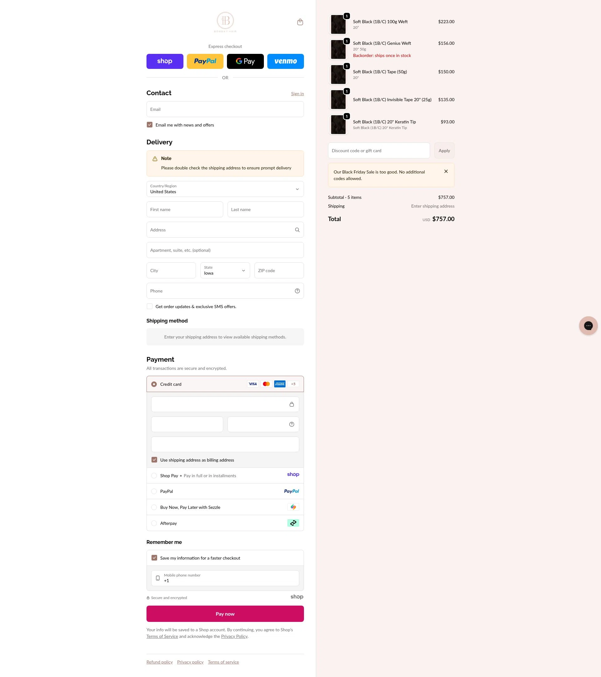 Bombay Hair checkout page showing Bombay Hair discount code box | Screenshot taken by SimplyCodes community member on Jan 2, 2026