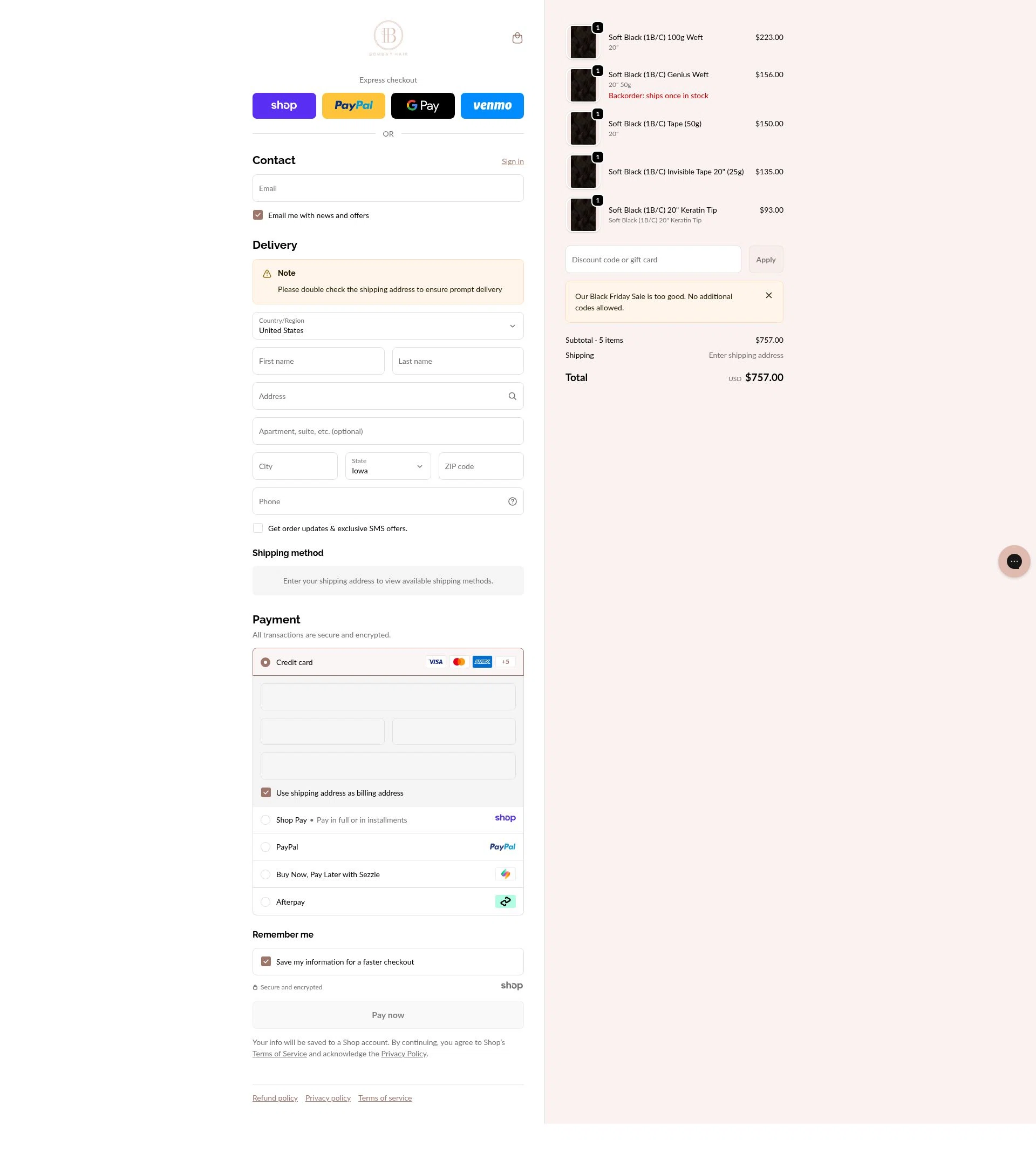 Bombay Hair checkout page showing Bombay Hair discount code box | Screenshot taken by SimplyCodes community member on Jan 2, 2026
