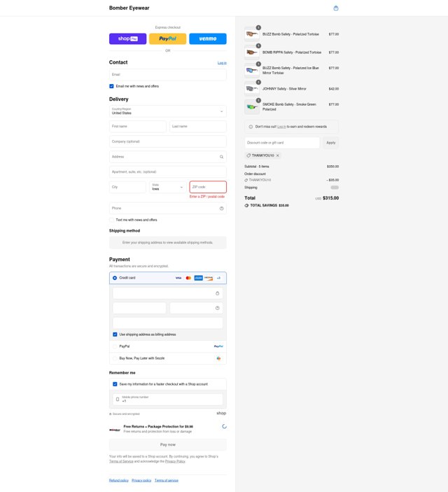 Bomber Eyewear checkout page showing Bomber Eyewear discount code box | Screenshot taken by SimplyCodes community member on Aug 19, 2025