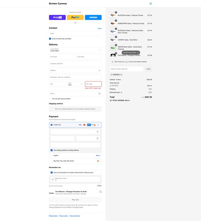 Bomber Eyewear checkout page showing Bomber Eyewear discount code box | Screenshot taken by SimplyCodes community member on Aug 19, 2025