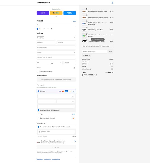 Bomber Eyewear checkout page showing Bomber Eyewear discount code box | Screenshot taken by SimplyCodes community member on Sep 1, 2025