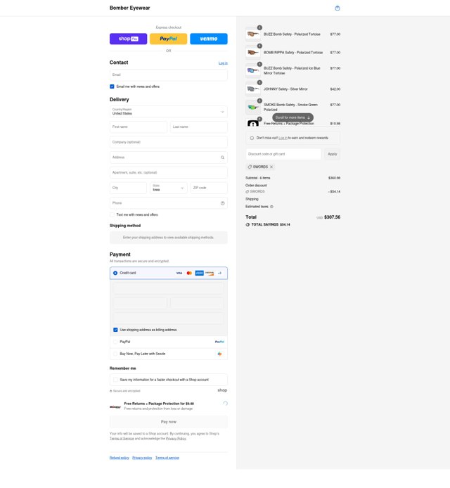 Bomber Eyewear checkout page showing Bomber Eyewear discount code box | Screenshot taken by SimplyCodes community member on Aug 28, 2025