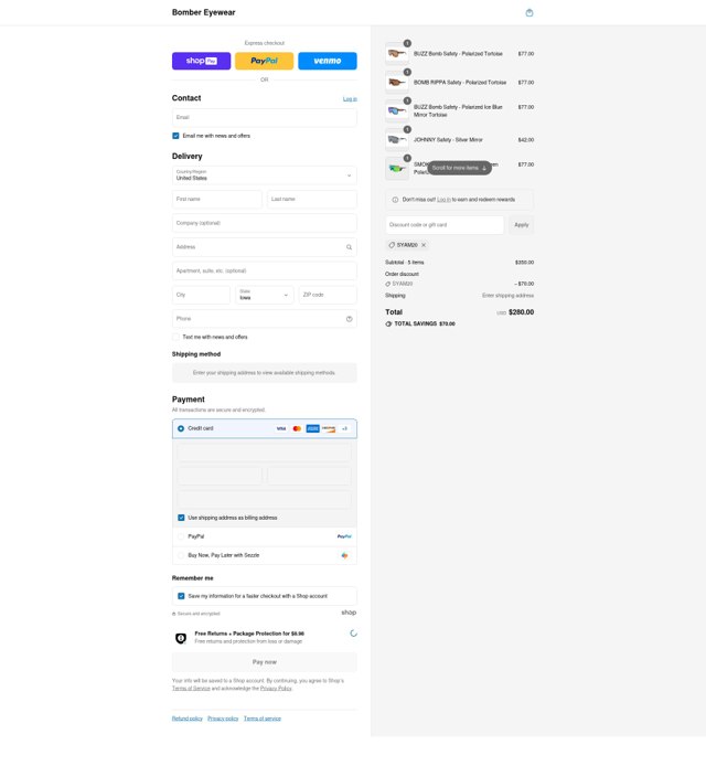 Bomber Eyewear checkout page showing Bomber Eyewear discount code box | Screenshot taken by SimplyCodes community member on Aug 15, 2025