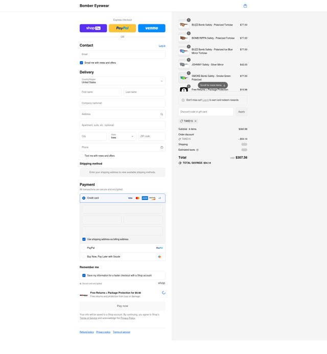 Bomber Eyewear checkout page showing Bomber Eyewear discount code box | Screenshot taken by SimplyCodes community member on Aug 24, 2025