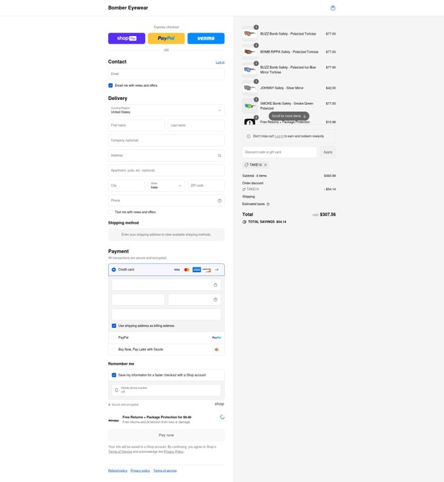 Bomber Eyewear checkout page showing Bomber Eyewear discount code box | Screenshot taken by SimplyCodes community member on Aug 28, 2025