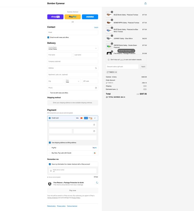 Bomber Eyewear checkout page showing Bomber Eyewear discount code box | Screenshot taken by SimplyCodes community member on Aug 15, 2025