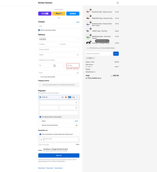 Bomber Eyewear checkout page showing Bomber Eyewear discount code box | Screenshot taken by SimplyCodes community member on Aug 19, 2025