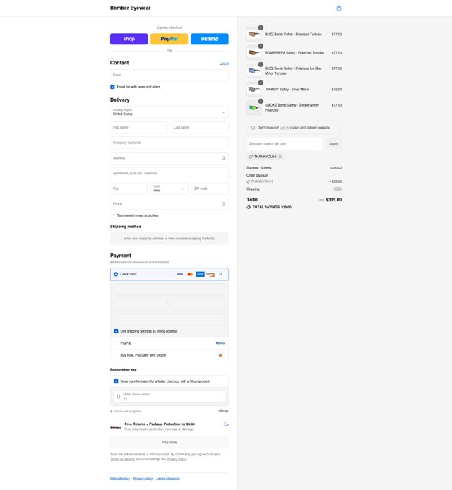 Bomber Eyewear checkout page showing Bomber Eyewear discount code box | Screenshot taken by SimplyCodes community member on Sep 1, 2025