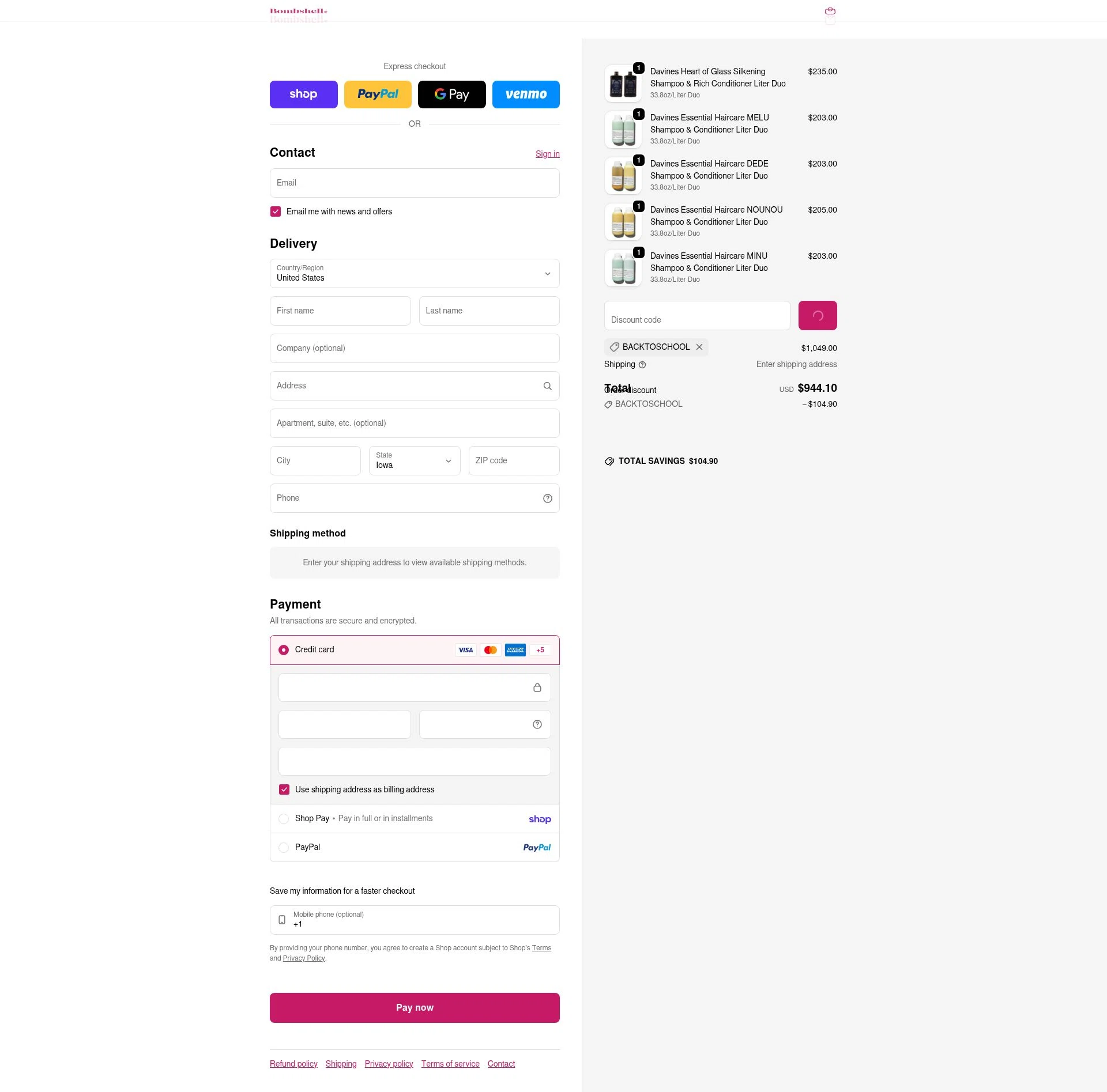 Bombshell Hair Studio checkout page showing Bombshell Hair Studio discount code box | Screenshot taken by SimplyCodes community member on Feb 10, 2026
