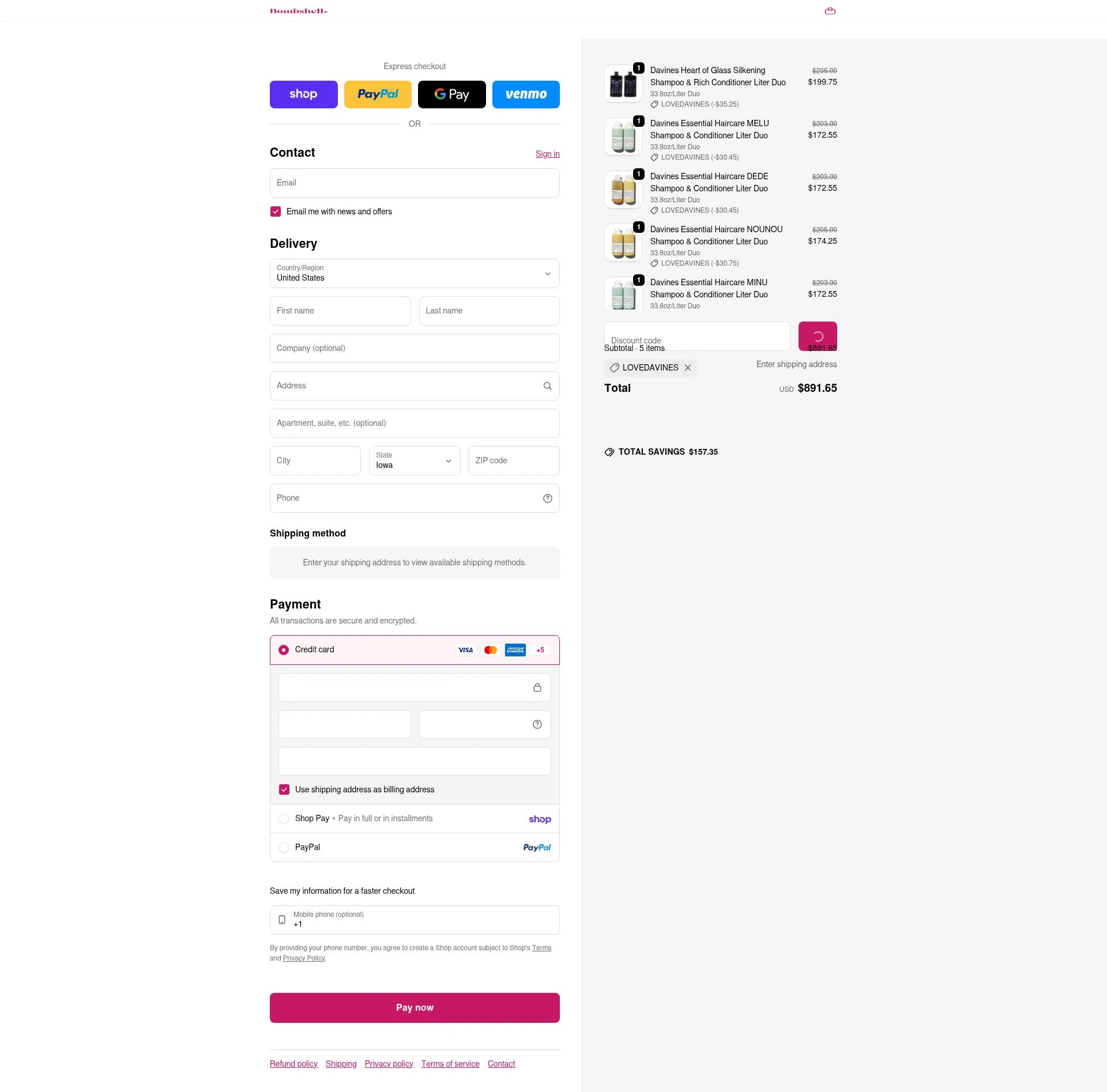 Bombshell Hair Studio checkout page showing Bombshell Hair Studio discount code box | Screenshot taken by SimplyCodes community member on Feb 10, 2026