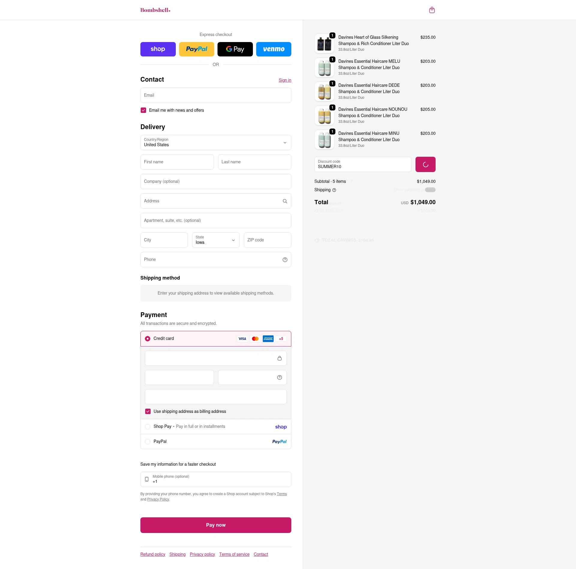 Bombshell Hair Studio checkout page showing Bombshell Hair Studio discount code box | Screenshot taken by SimplyCodes community member on Feb 10, 2026