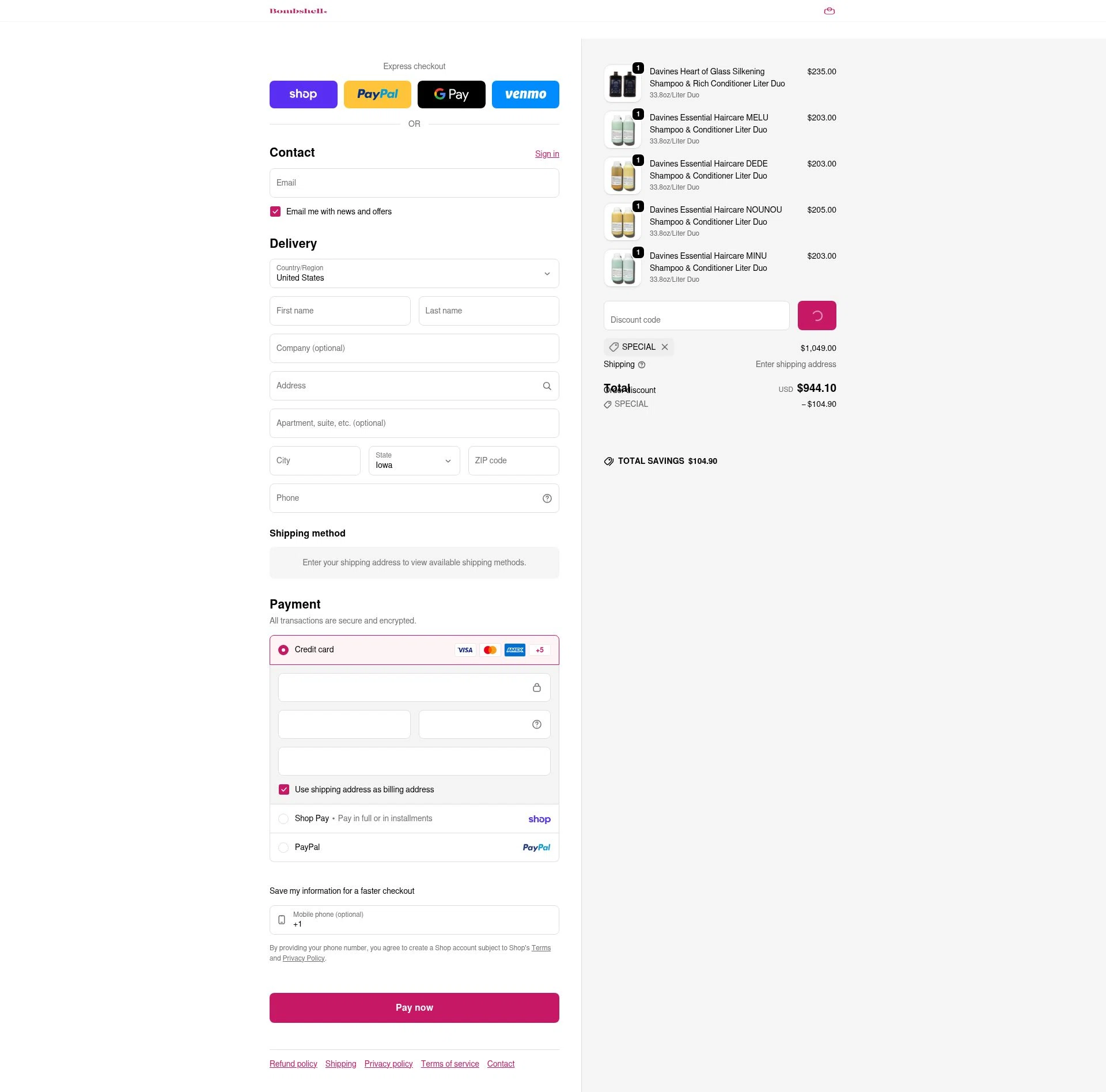 Bombshell Hair Studio checkout page showing Bombshell Hair Studio discount code box | Screenshot taken by SimplyCodes community member on Feb 10, 2026