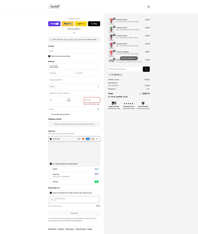 Bombshell Sportswear checkout page showing Bombshell Sportswear discount code box | Screenshot taken by SimplyCodes community member on Aug 22, 2025