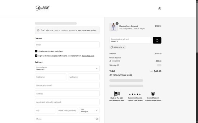 Bombshell Sportswear checkout page showing Bombshell Sportswear discount code box | Screenshot taken by SimplyCodes community member on Aug 23, 2025