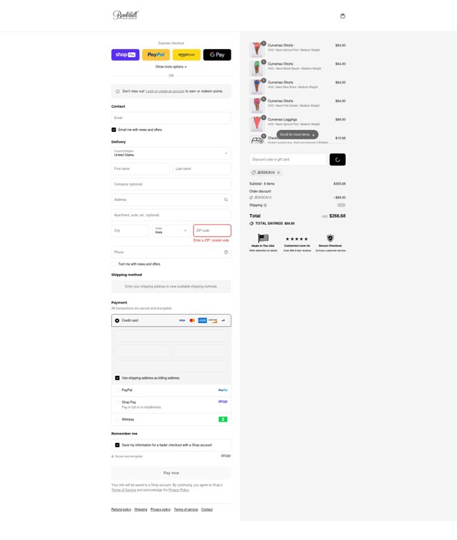 Bombshell Sportswear checkout page showing Bombshell Sportswear discount code box | Screenshot taken by SimplyCodes community member on Aug 24, 2025