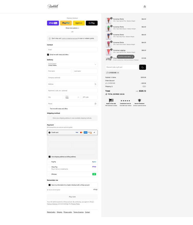 Bombshell Sportswear checkout page showing Bombshell Sportswear discount code box | Screenshot taken by SimplyCodes community member on Aug 26, 2025