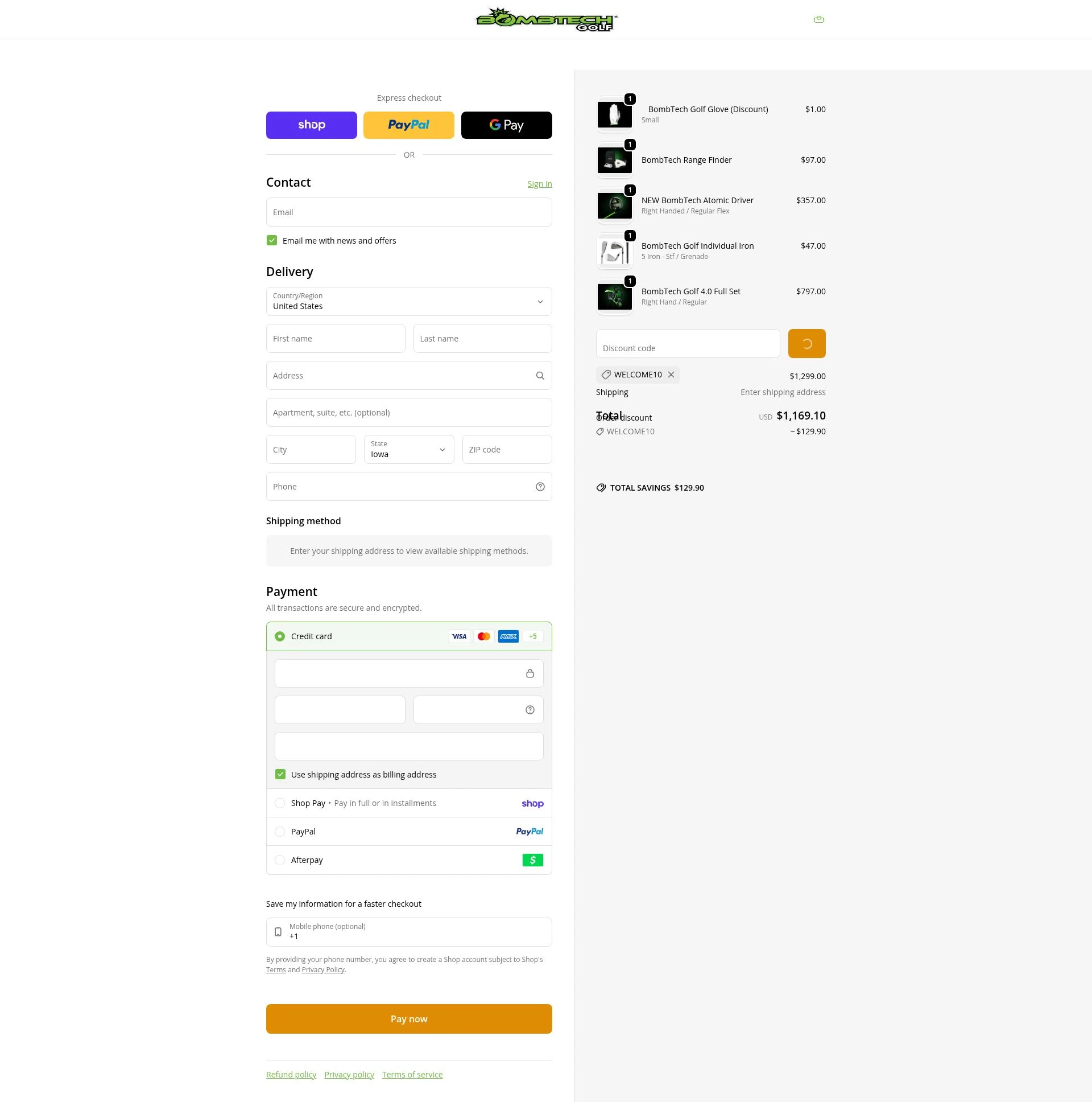 BombTech Golf checkout page showing BombTech Golf discount code box | Screenshot taken by SimplyCodes community member on Feb 7, 2026