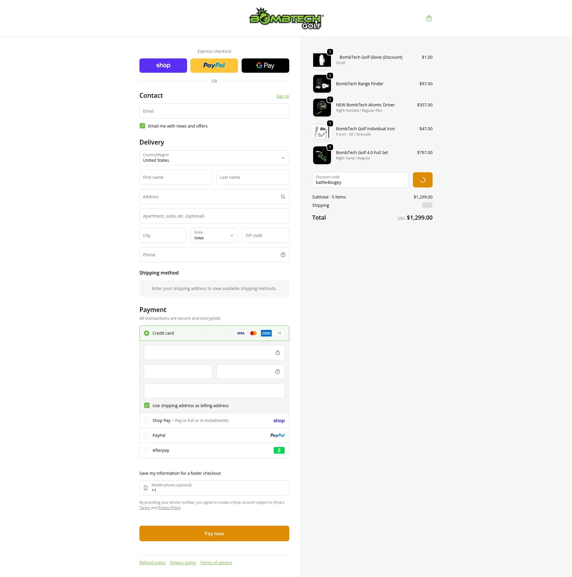 BombTech Golf checkout page showing BombTech Golf discount code box | Screenshot taken by SimplyCodes community member on Feb 11, 2026