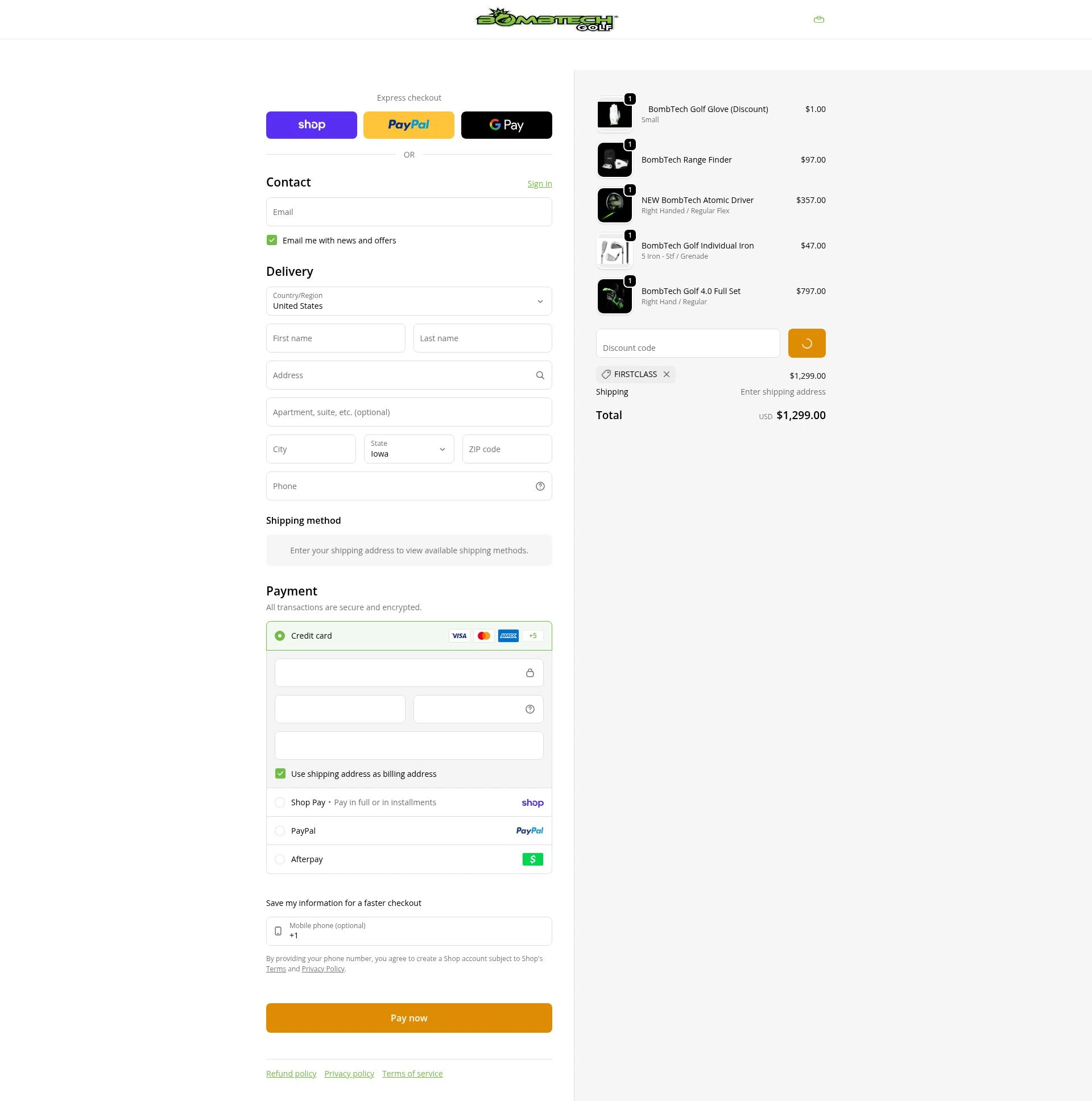 BombTech Golf checkout page showing BombTech Golf discount code box | Screenshot taken by SimplyCodes community member on Feb 11, 2026
