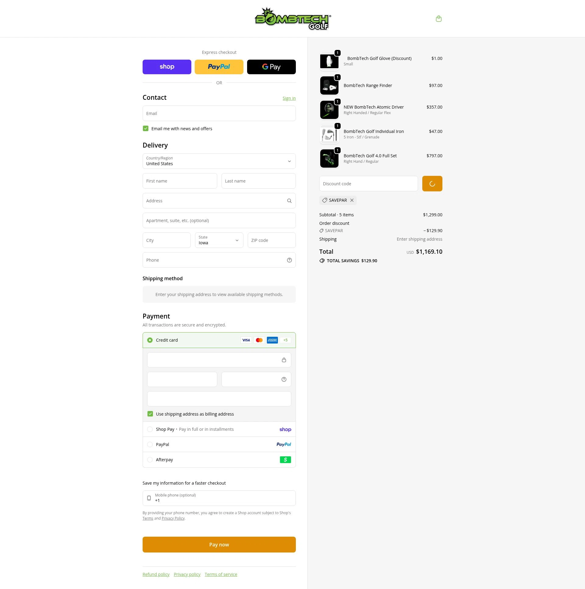 BombTech Golf checkout page showing BombTech Golf discount code box | Screenshot taken by SimplyCodes community member on Feb 11, 2026