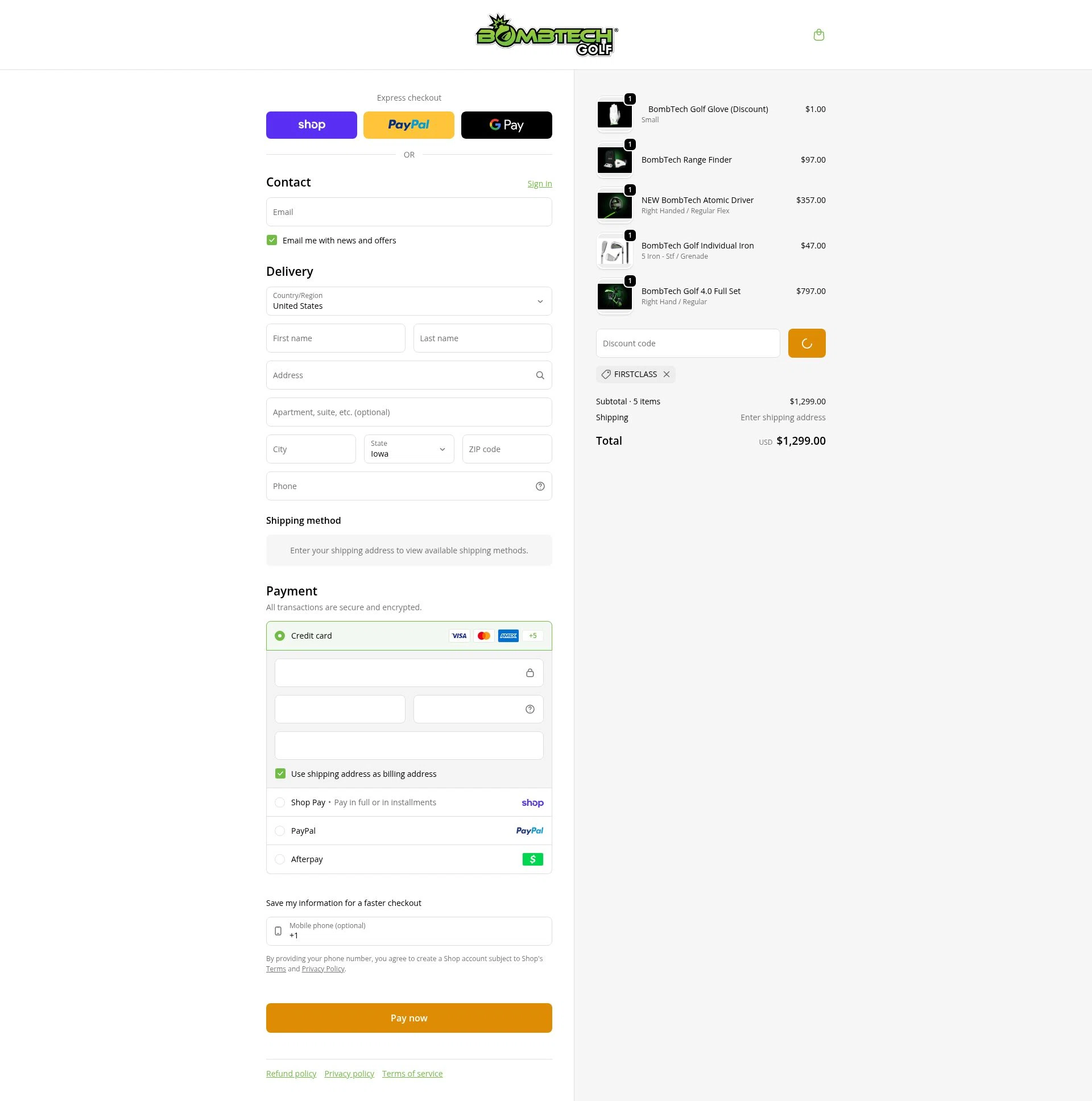 BombTech Golf checkout page showing BombTech Golf discount code box | Screenshot taken by SimplyCodes community member on Feb 7, 2026