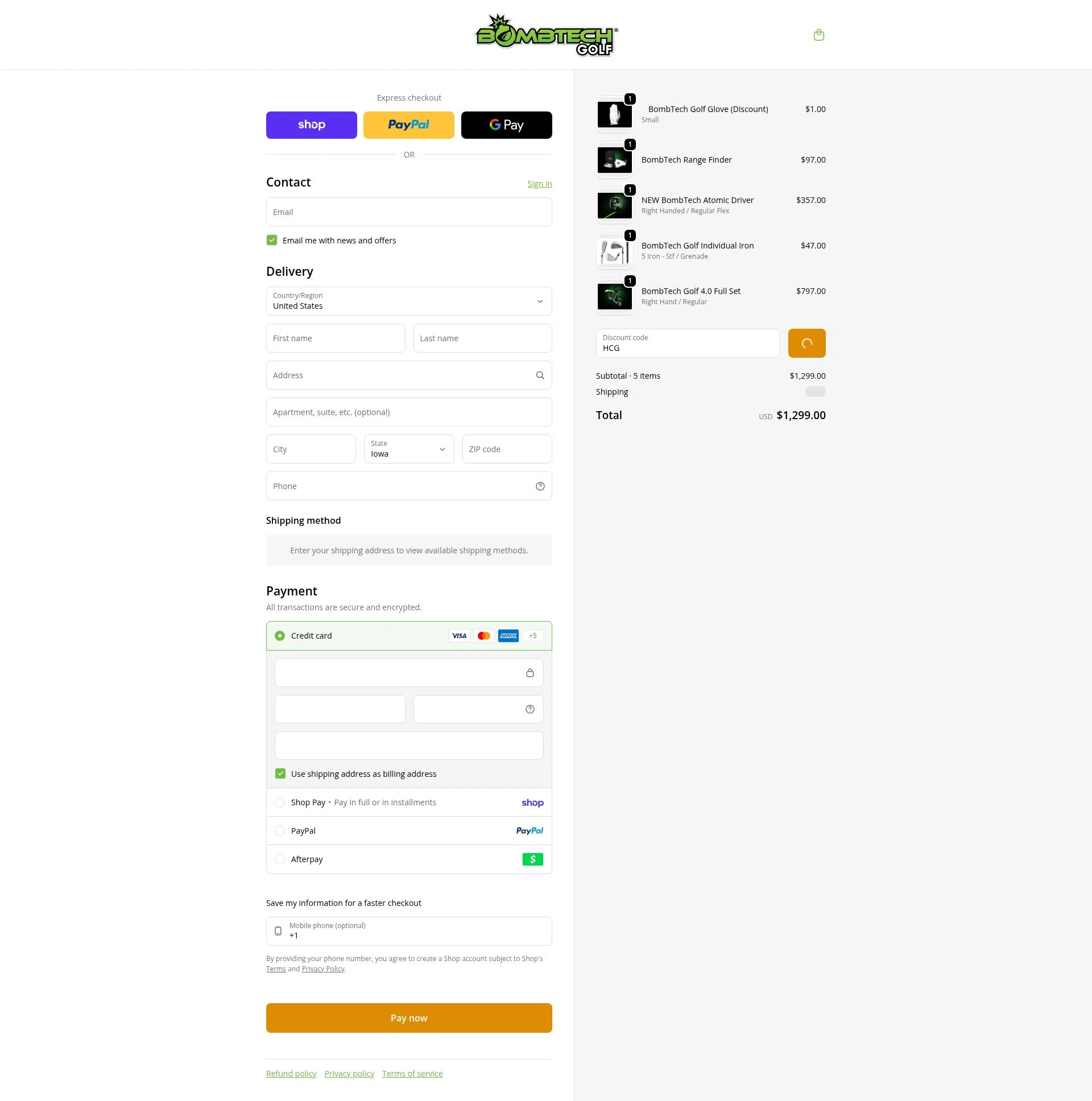 BombTech Golf checkout page showing BombTech Golf discount code box | Screenshot taken by SimplyCodes community member on Feb 7, 2026