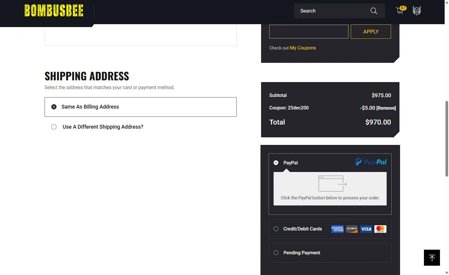 Bombusbee checkout page showing Bombusbee promo code box | Screenshot taken by SimplyCodes community member on Dec 30, 2025